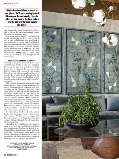 A page from Hello! India magazine's feature on our client Rasika Kajaria's home. The article delves into the collaborative process and the way the home reflects the client's personality and passion for art.