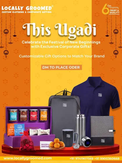 A festive promotional image for Ugadi, showcasing a complete corporate gift set. It includes a backpack, polo shirt, water bottle, notebook, mug, and a traditional festive food hamper, perfect for celebrating new beginnings.