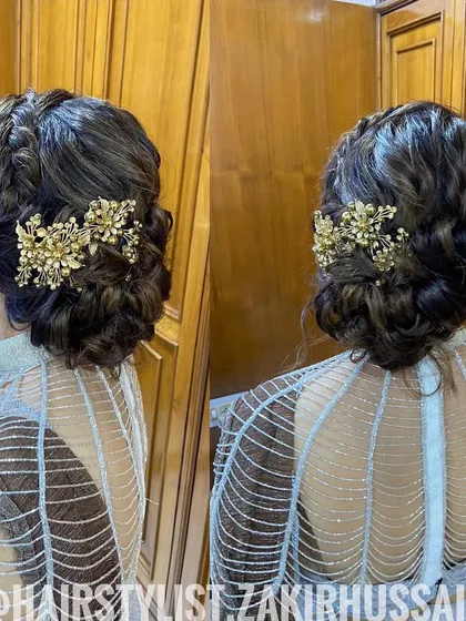 A collage of a braided updo with a large gold accessory, showing the style from the side and back.