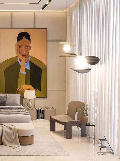 A full view of the minimalist bedroom, showing the large artwork, modern furniture, and the soft glow from the floor-to-ceiling windows.