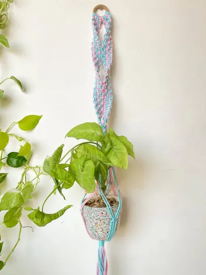 A beautiful two-toned plant hanger in pink and blue. The spiral knot design adds an elegant twist to this classic boho decor item, perfect for bringing greenery indoors.