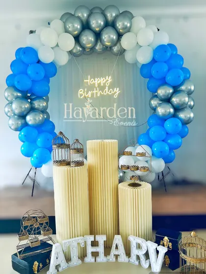 A blue, white, and silver balloon ring setup, complete with pedestals and decorative props like birdcages.