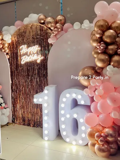 My 16th birthday designs are all about making a statement. I use trendy elements like shimmer walls, neon signs, and beautiful color combinations to create the perfect party backdrop.