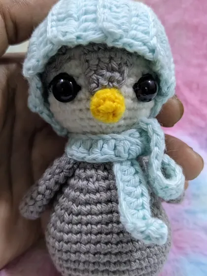 A close-up, hand-held view of the bundled-up penguin.