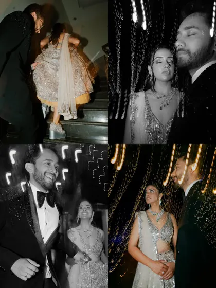 A dynamic black and white collage, using motion blur and light trails to capture the energy and intimacy of the Sangeet night.