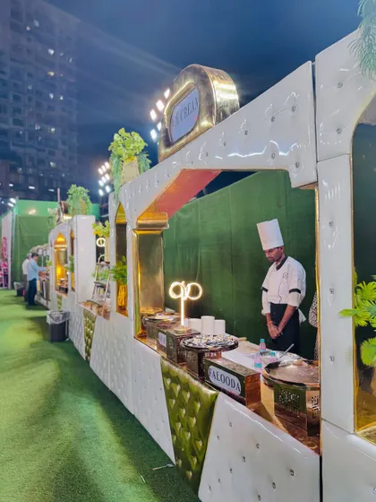 A white and gold themed counter for our ice cream and falooda desserts.