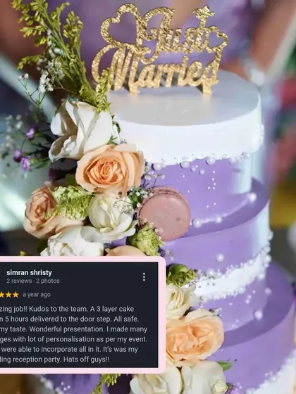 We are so proud of the team for this beautiful wedding cake and grateful for such a wonderful review. We made many changes to get it just right for the couple's reception party.