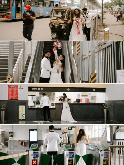 The story of a wedding day journey through Mumbai. This collage shows the couple navigating the city, from taking an auto-rickshaw to using the metro, turning their commute into a memorable part of their celebration.