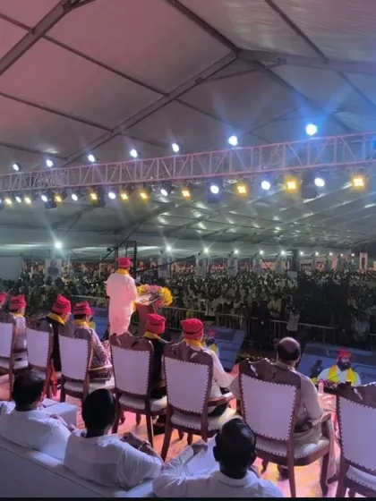 This is the view from the stage inside the large event tent. I handle everything from the structural frame and lighting rigs to the seating arrangement for hundreds of attendees, ensuring a professional setup for speakers and guests.