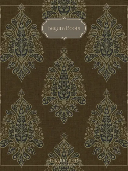 The Begum Boota wallpaper features individual, ornate paisley motifs. This swatch in a deep brown showcases the intricate detail within each 'boota', inspired by the woven patterns of Jamawar textiles.