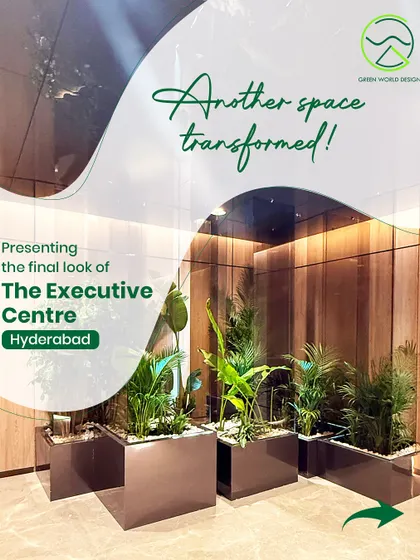 Announcing the final look of The Executive Centre in Hyderabad. This image captures the sophisticated integration of plant life within a modern corporate interior, transforming the space with natural elegance.