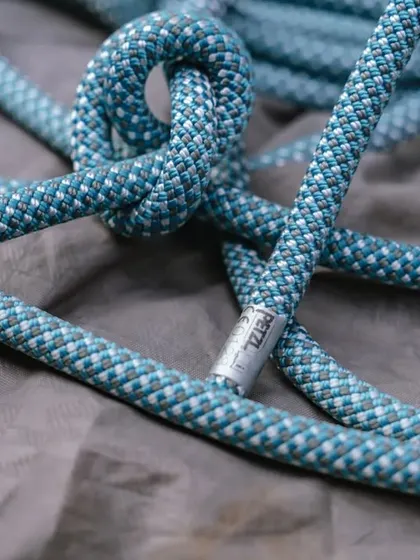 A close-up of the durable and flexible Petzl Mambo rope. We use thick, reliable single ropes that are ideal for beginner top-roping and belaying.