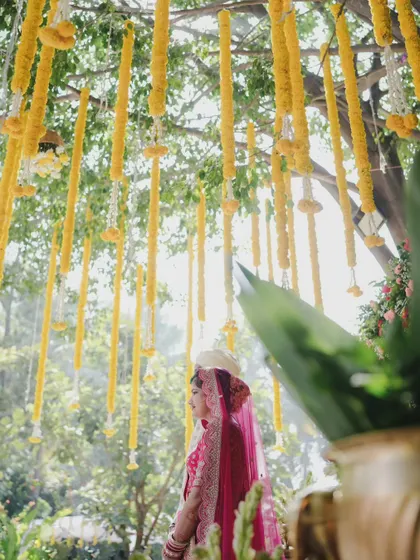 A beautiful environmental portrait of a bride under a canopy of hanging marigold flowers.