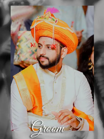 A distinguished portrait of the groom in his traditional orange wedding turban. The black and white background makes his colorful attire stand out.
