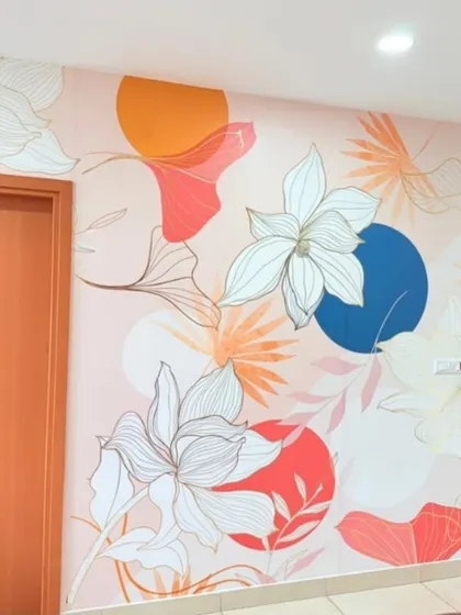 A modern and abstract floral wallpaper with bold colors and line art, perfect for a contemporary and artistic space.