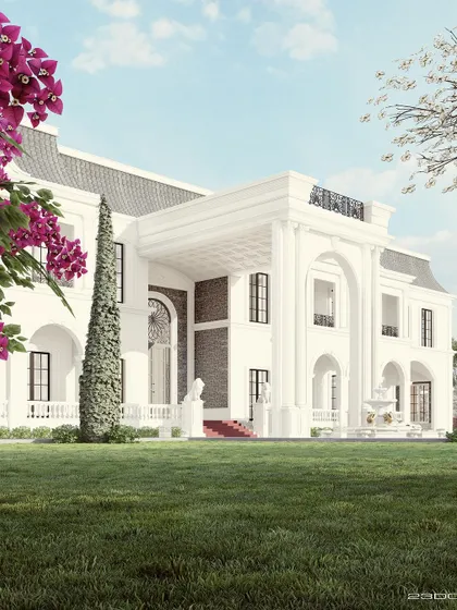 Framed by blooming bougainvillea, this view captures the romantic and regal essence of our neoclassical design. The vast lawn and stately facade create a picture of idyllic luxury.
