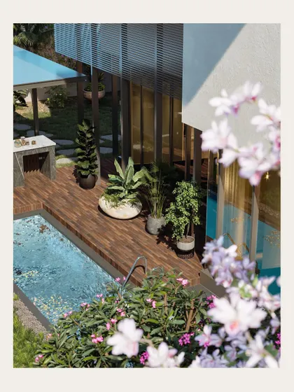 This design render for a villa at Embassy Boulevard showcases my approach to planning luxury outdoor living, integrating a sleek pool, wooden decking, and carefully selected plants to create a space of quiet elegance.