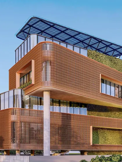 A detailed render for a 20,000 sq ft corporate office for an apparel production house in Noida. The design features a dynamic facade with green walls and a solar-panelled roof, reflecting a commitment to sustainable and biophilic design.