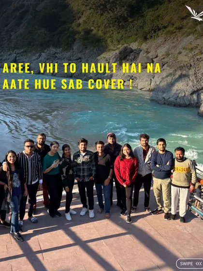 A group photo at Devprayag, where the Alaknanda and Bhagirathi rivers meet. We ensure our itineraries cover all the beautiful halts along the way.