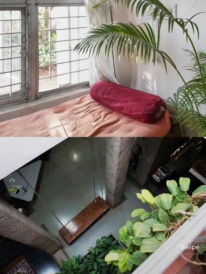 A quiet reading nook and a view of the central swing at the Rehmat Tarikere Residence, showing how the home is designed with spaces for both solitude and family life.