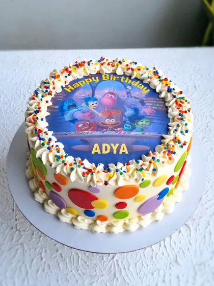 A closer view of the "Inside Out" cake.