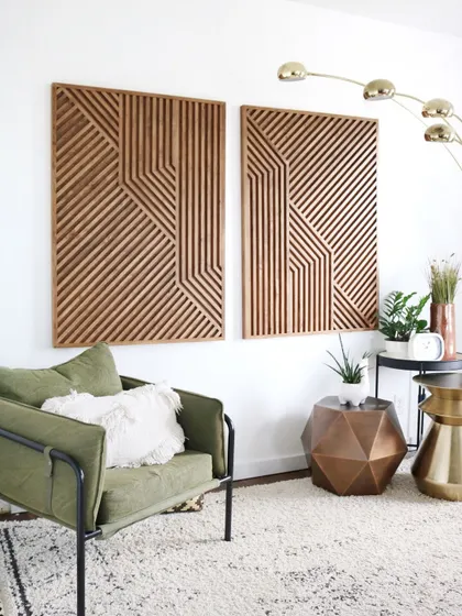 Another perspective of the two-panel chic wood art, showing its warm tones and how it complements the surrounding decor.