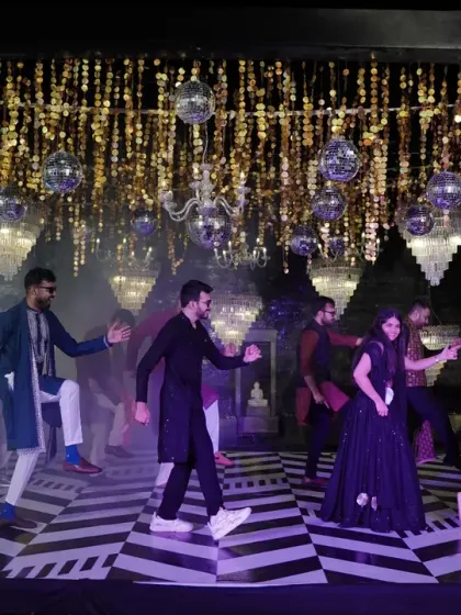 The groom's friends put on a show-stopping performance on the sangeet stage.