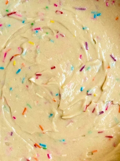 The funfetti cake batter before it goes into the oven. It's a promise of the colourful, happy cake to come.