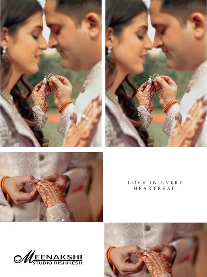 A collage focusing on the intimate moment of the ring exchange during an engagement ceremony. The close-up shots emphasize the significance of this gesture.