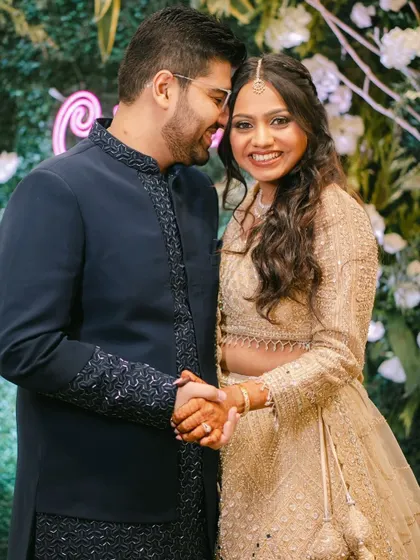 Gorgeous Krisha and her fiancé at their engagement. Her makeup is soft and glowing, perfect for this happy occasion.