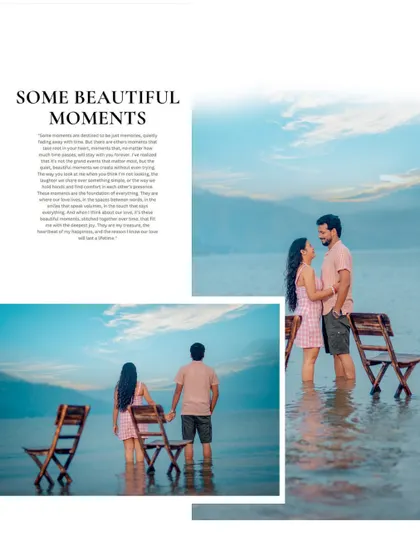 An elegant album page design featuring photos from a lakeside shoot, complete with a narrative text block to tell the couple's story.