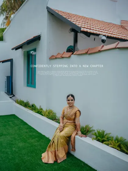 A serene portrait of the bride sitting gracefully in the garden of the resort, confidently stepping into her new chapter.