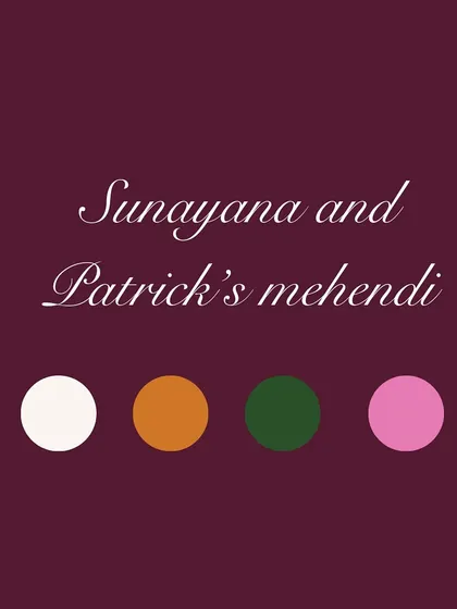 The color palette we chose for Sunayana and Patrick's Mehendi ceremony. This visual guide ensures all decor elements, from drapes to florals, are perfectly coordinated.