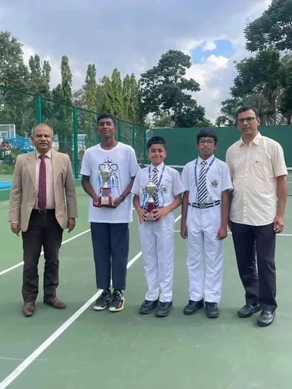 Our athlete Nithinbarath (far left) posing with other competitors and officials, representing his school and our academy with pride.