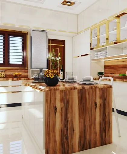 A 3D render of a luxurious island kitchen, showcasing how we can help you visualize your dream space before execution.