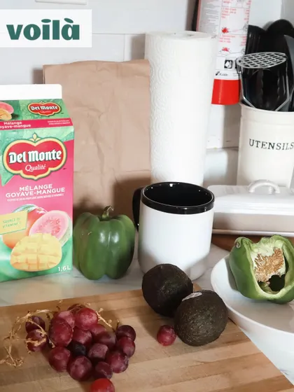 Displaying the variety of fresh produce and products received from my Voila grocery haul.