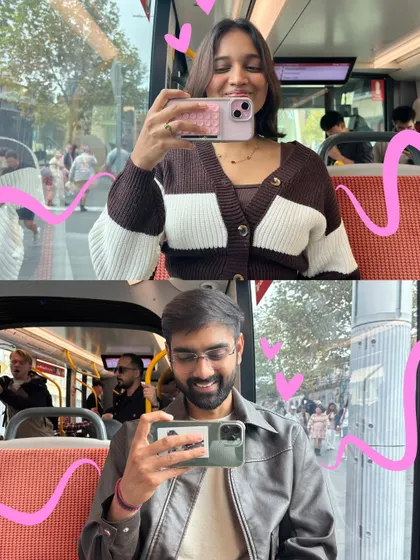 Capturing moments on the tram. The pink squiggles add a sense of movement and connection between the two photos.