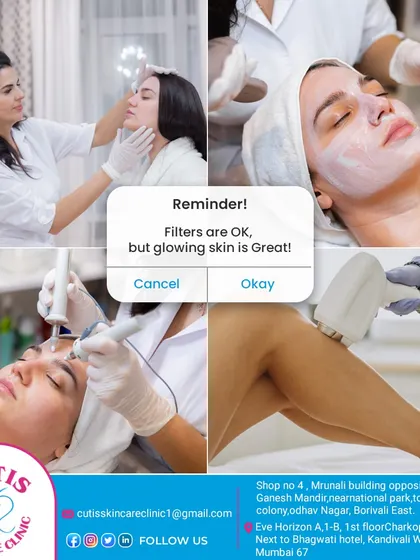 This collage shows various treatments in progress at my clinic, from facials to laser procedures. It serves as a reminder that while filters are temporary, investing in genuinely glowing skin provides lasting confidence.