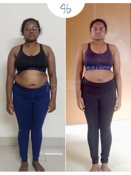 Front view of her 7 kg transformation. She looks amazing and feels inspired to follow this lifestyle forever.
