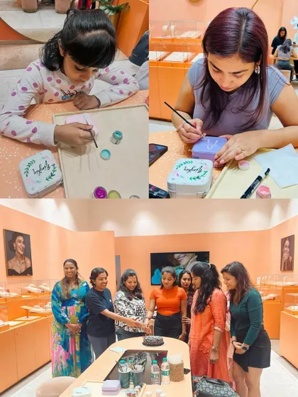 A collage from a customer event where we celebrated with cake and a fun jewelry box painting session.