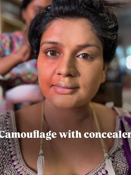 The camouflage step. After color correcting, I use a concealer that matches the skin tone to cover the corrector and create an even canvas for the foundation.