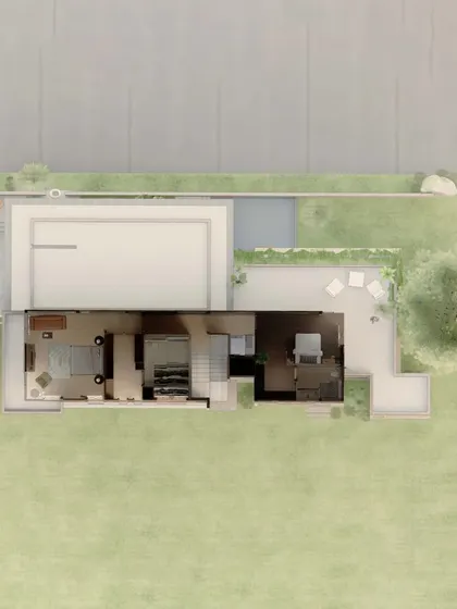The first floor plan for the Sanctuary Residence, detailing the private bedroom spaces and their relationship to the outdoor environment.