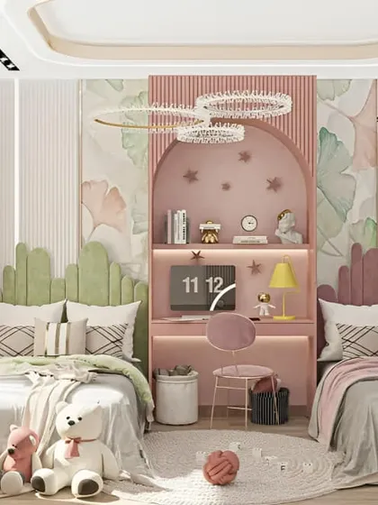 A sweet and whimsical twin bedroom in pastel pink and green. The unique headboard shapes and floral wallpaper create a fairytale-like atmosphere.