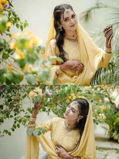 A collage showing the bride in her yellow attire, interacting with the flowers and posing gracefully.