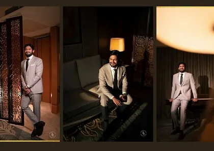 A triptych of the groom's portraits, showcasing his sharp reception look from different angles.