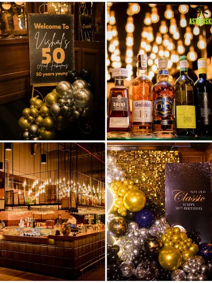 A collage of details from a classic 50th birthday party. From the balloon decor and welcome sign to the fully stocked bar, every element was curated for a sophisticated celebration.