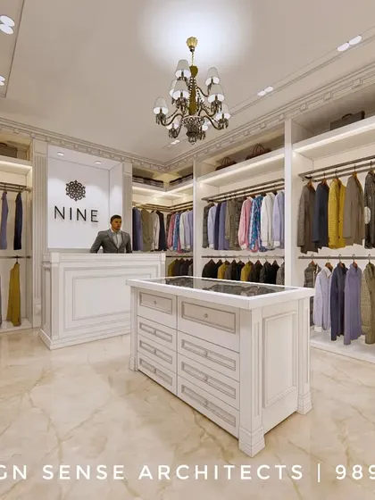 A rendering for a classic menswear store. The design uses traditional cabinetry, an elegant central island for accessories, and a neutral color palette to create a timeless and upscale environment.