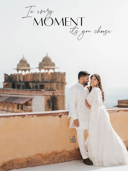 A stunning portrait overlooking the hills from Amer Fort, with a romantic quote overlay perfect for a memorable save-the-date.