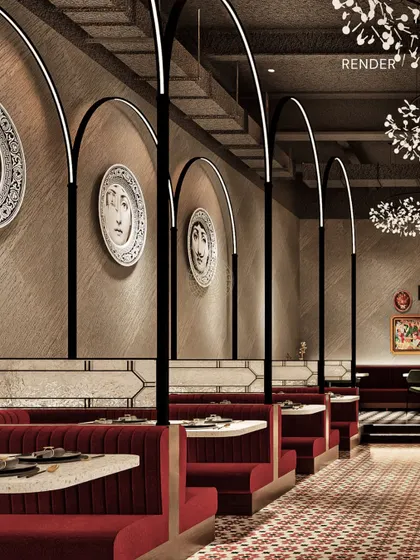 The render for the cozy booth seating at Fountain Sizzlers, detailing the arched partitions, custom plate art, and patterned flooring.