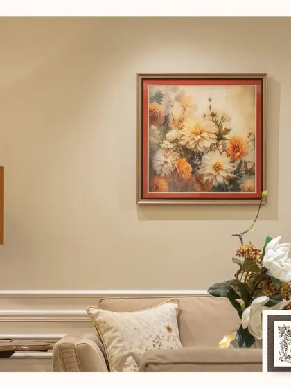 This floral wall art brings the serene elegance of nature indoors. The soft colors of the dahlias create a sophisticated and calming vibe, blending perfectly with the room's neutral tones.